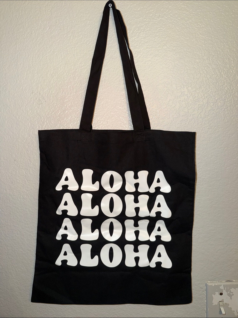 Black Aloha Print Canvas Tote Bag